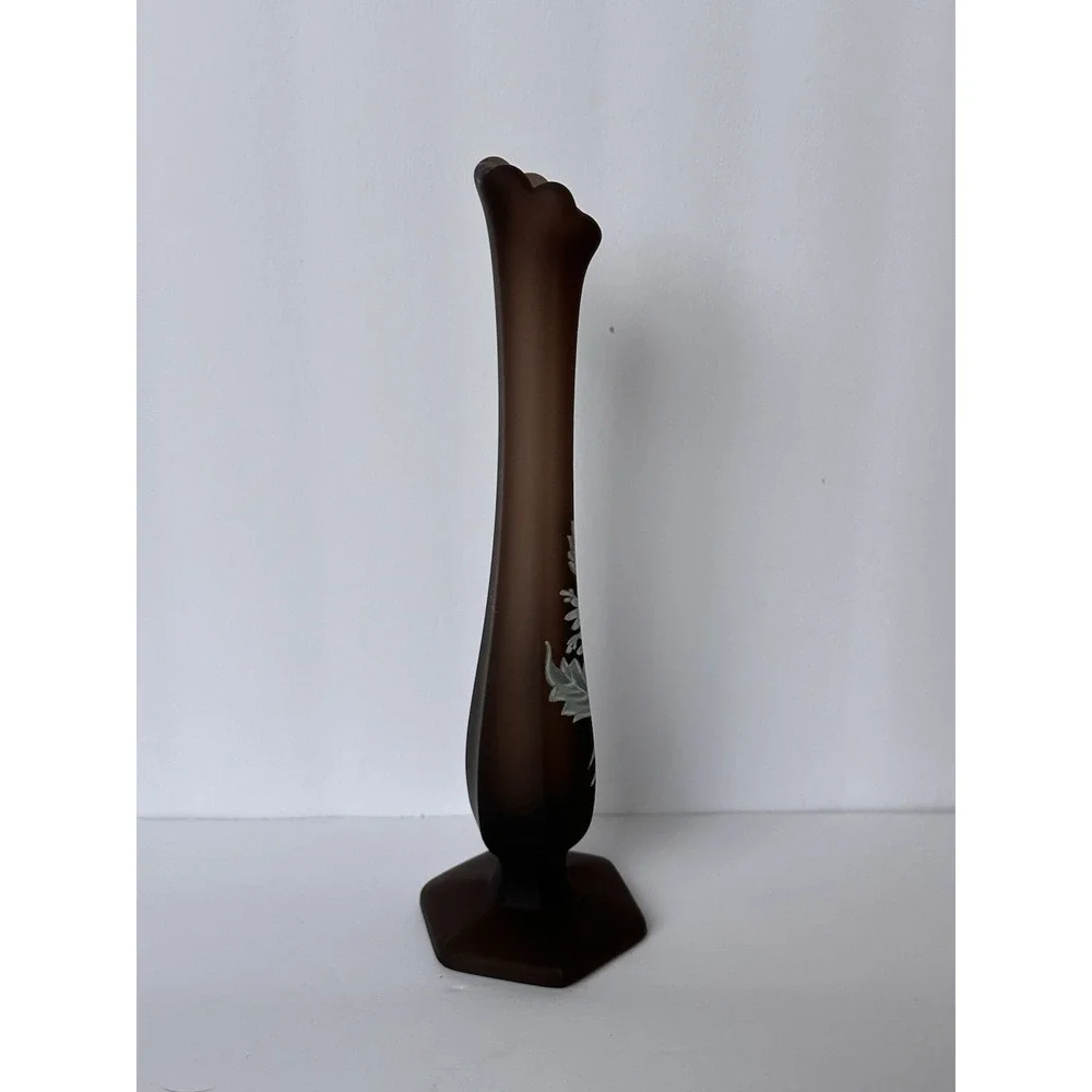 Vintage Westmoreland Brown Satin Glass Hand Painted Floral Bud Vase 10